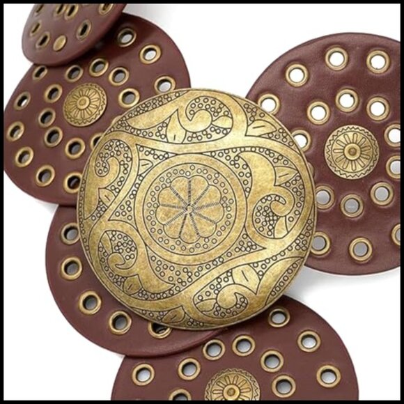 Vintage Boho Western Wide Disc Belt Adjustable PU Leather Concho Style main image 4